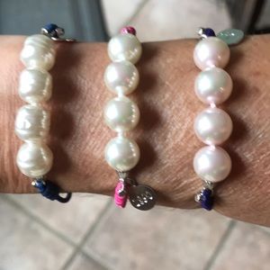 Majorica pearls on colorful elastic bracelets